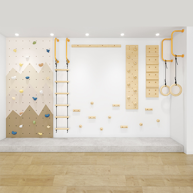 Gymnastic Ring Wood - 子供用室内木製クライミングウォールジムセット モンテッソーリ感覚トレーニングウォール ロッククライミングホールド ロープラダー 体操リング付き
