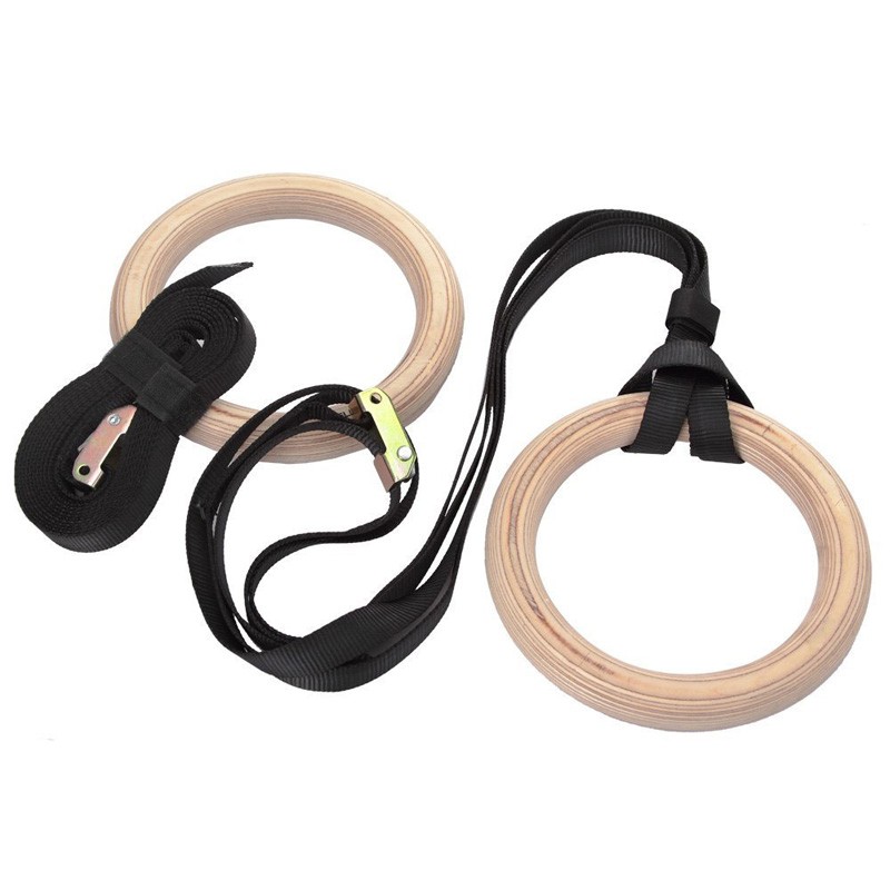 Gymnastic Ring Wood - 調節可能なロングバックル付きフィットネス体操リング、木製ジムエクササイズ、クロスフィット、懸垂、マッスルアップ