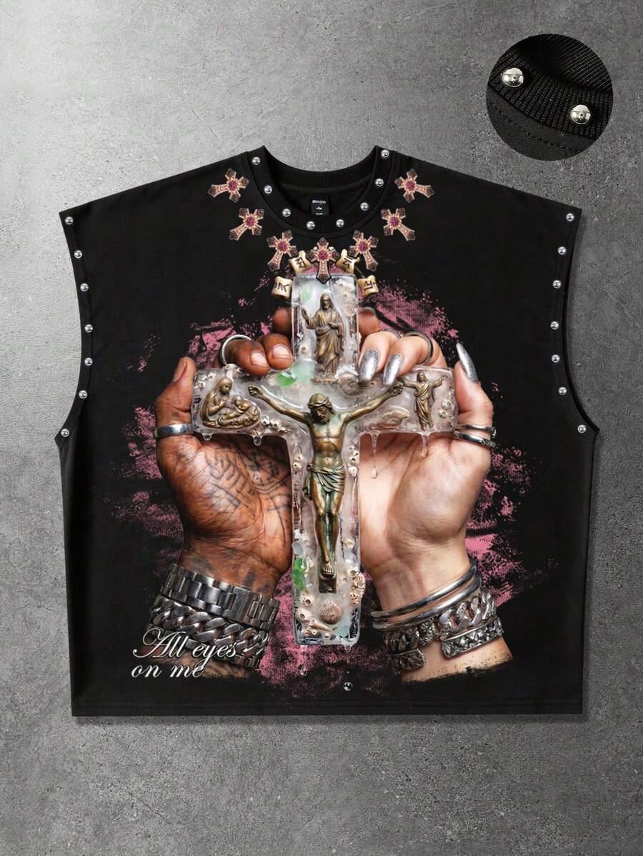 Crossfit Vest - アメリカンレトロビッグクロスグラフィック Tシャツヒップホップストリートライフルーズメンズ夏ノースリーブベストファッションカジュアル Y2k リベット Tシャツ